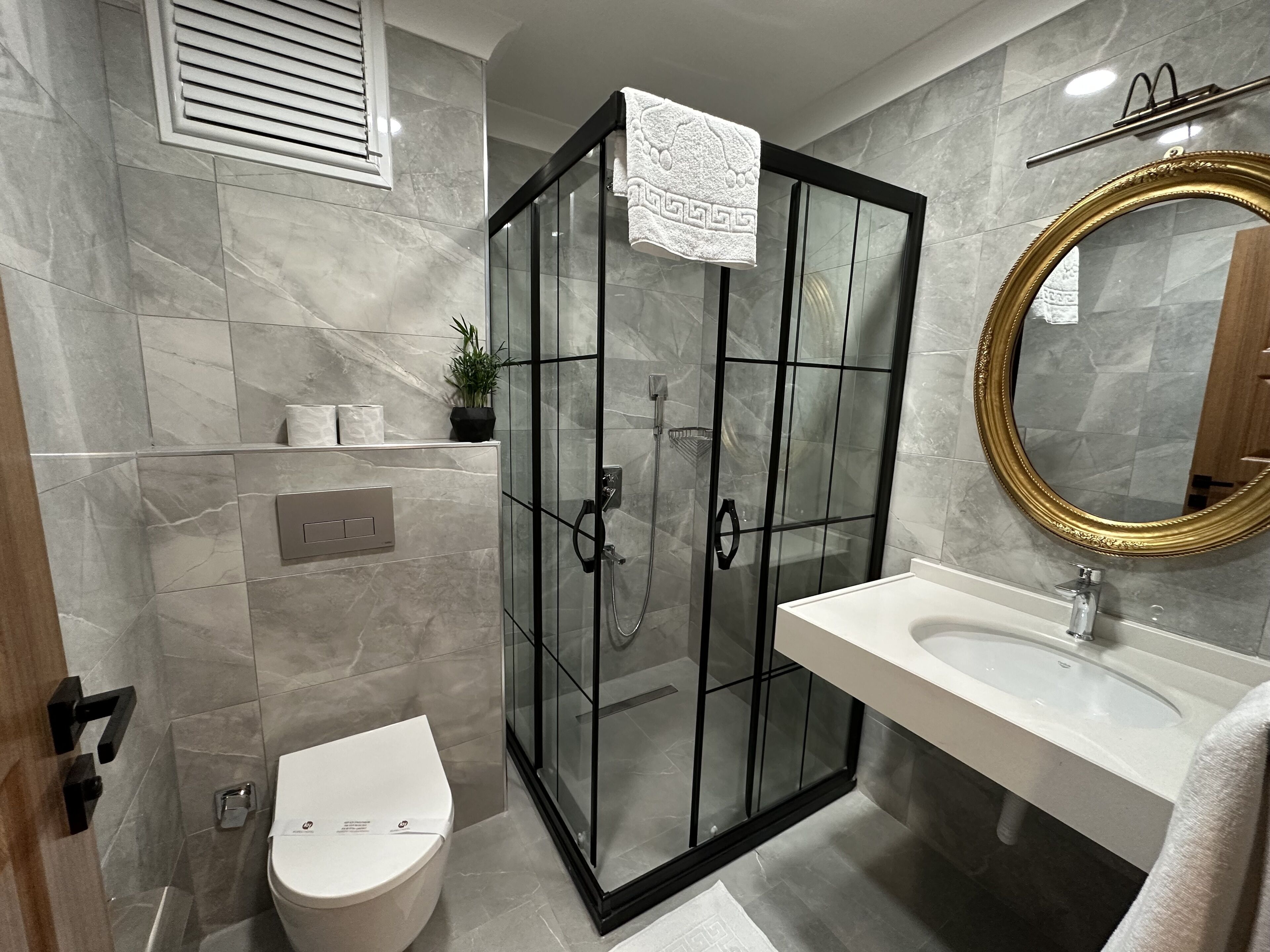 A modern bathroom with a glass-enclosed shower, a white toilet, a vanity with a sink, and a large mirror with a gold frame.