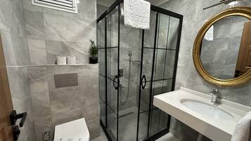 A modern bathroom with a glass-enclosed shower, a white toilet, a vanity with a sink, and a large mirror with a gold frame.