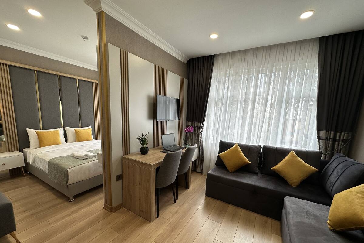 Una camera d'albergo moderna con un letto, una scrivania, un divano e una televisione.