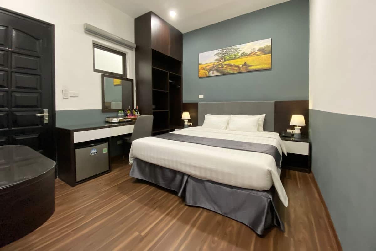 Quarto de hotel com uma cama, escrivaninha, espelho, guarda-roupa e um quadro na parede.