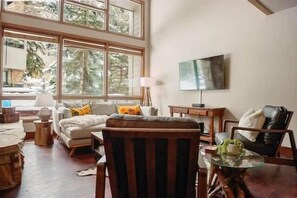 TV, fireplace, books, offices