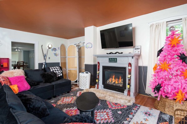 TV, fireplace, table football, books