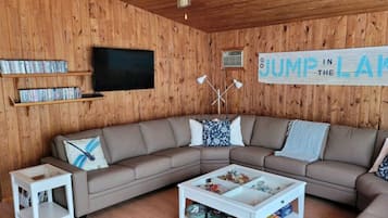 Smart TV, fireplace, DVD player, books