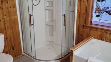 Shower, jetted tub, hair dryer, towels