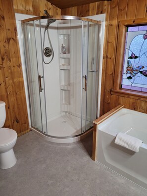 Douche, baignoire à jets, sèche-cheveux, serviettes fournies