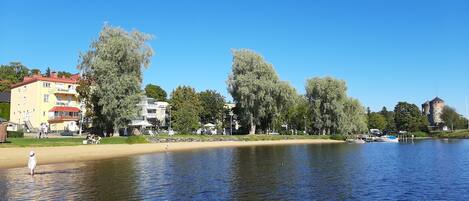 A lakeside view with a sandy beach, trees, and a castle-like structure in the background.