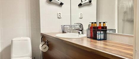 Een badkamer met toilet, wastafel en een haardroger bevestigd aan de muur.