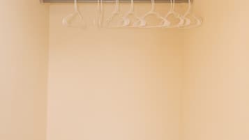 A small, empty closet with a wooden shelf and a metal rod for hanging clothes.