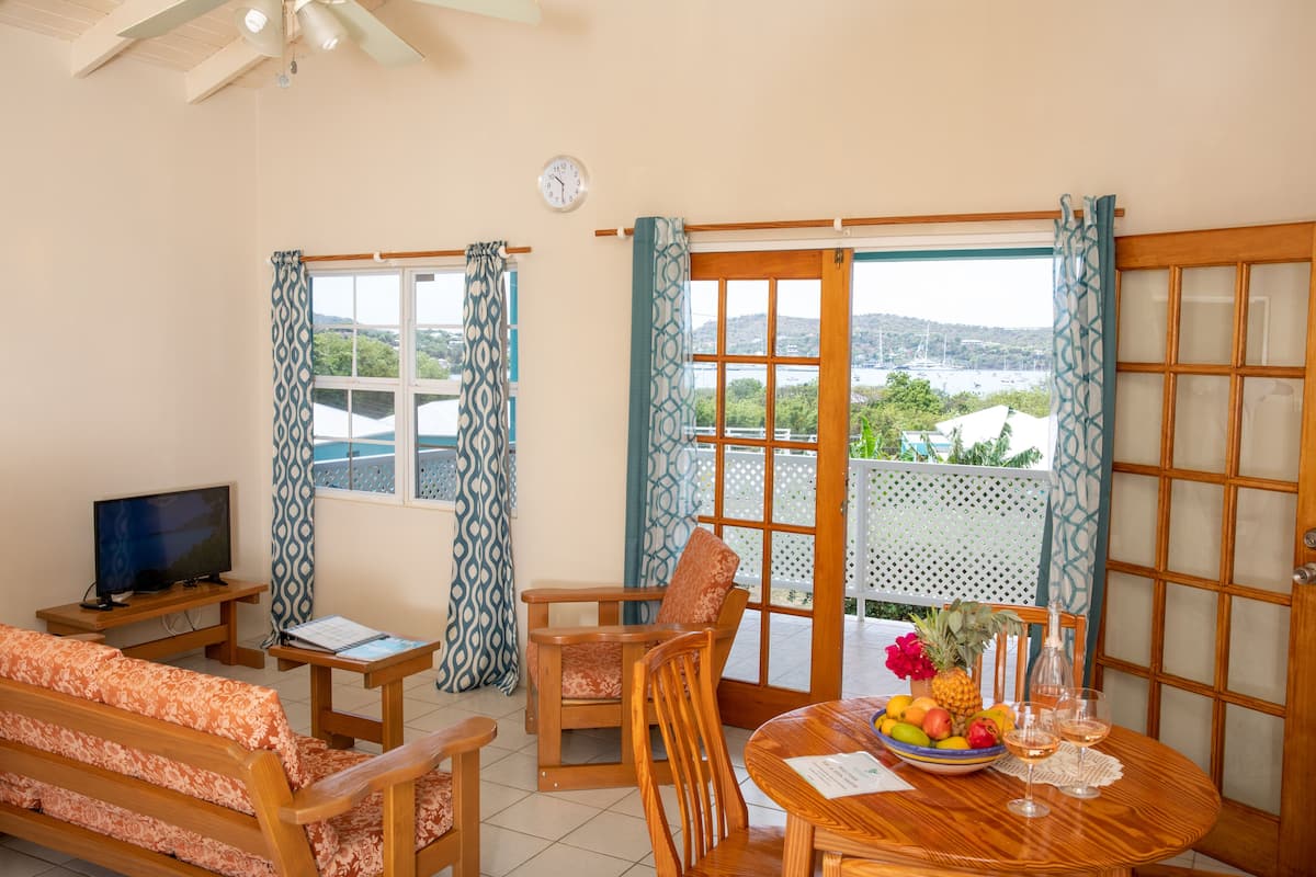 A room with a sofa, chairs, a dining table with fruit and wine glasses, a TV on a stand, and a view of a body of water through a window with patterned curtains.