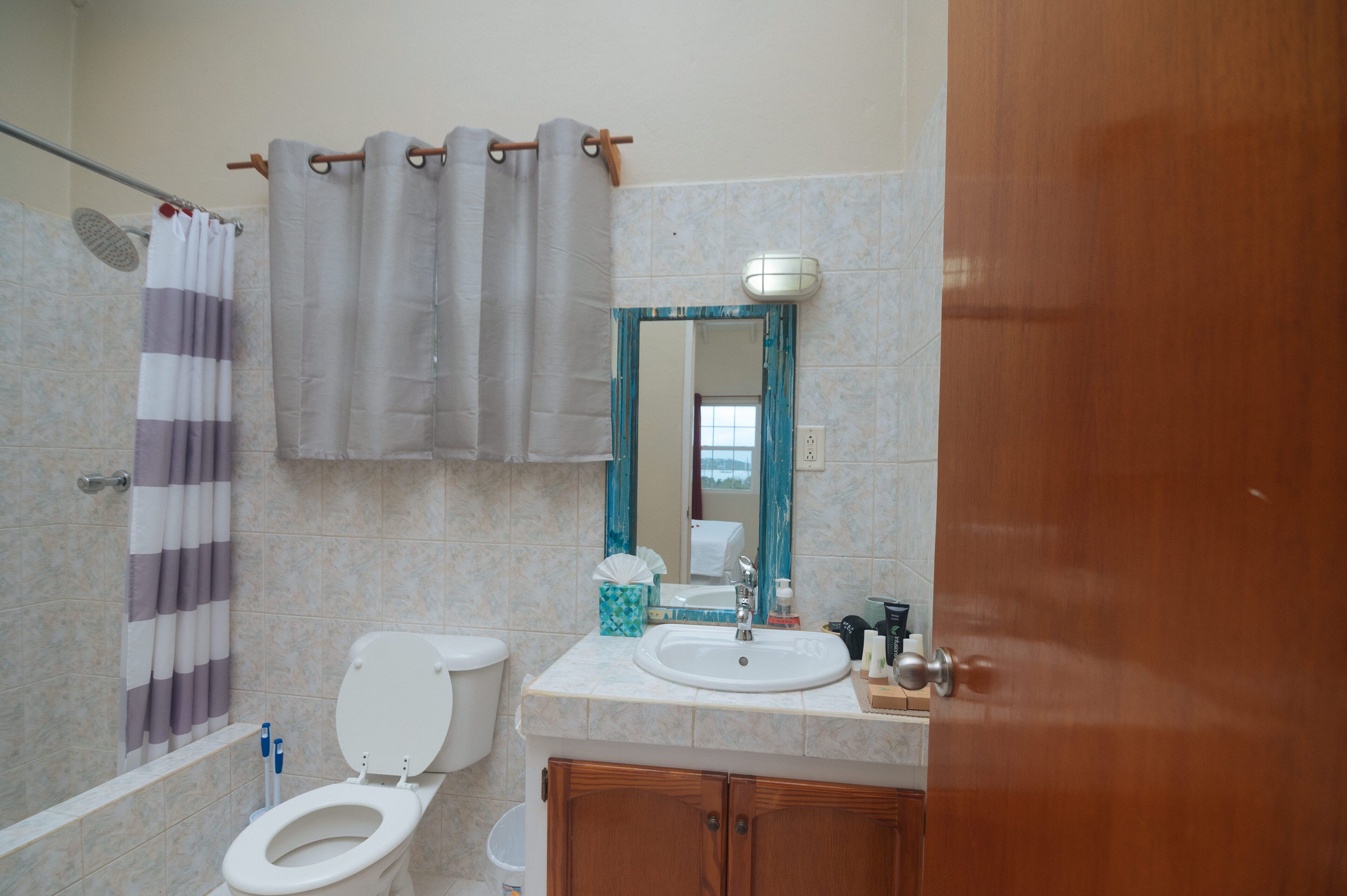 Ein Badezimmer mit Toilette, Waschbecken, Spiegel und Duschvorhang.