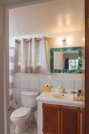 Een douche, gratis toiletartikelen, een haardroger, handdoeken