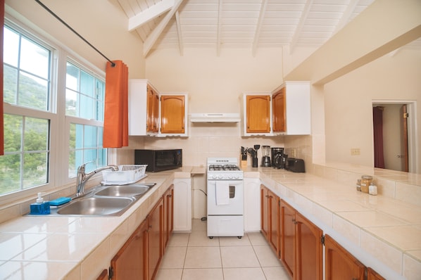 A kitchen with white cabinets, a stove, a microwave, and a sink. - Neem View Apartments Antigua (Falmouth Harbour)