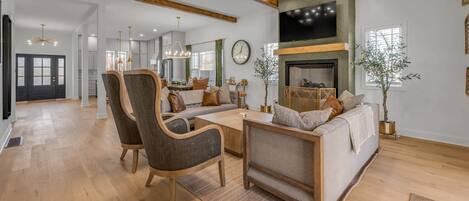 Télévision, cheminée, livres, espaces bureaux