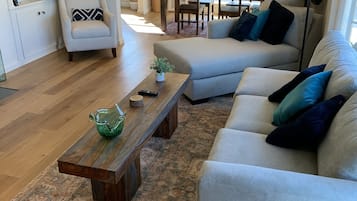 Smart TV, fireplace, books, printers