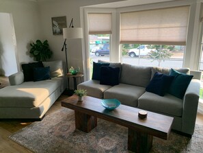 Smart TV, fireplace, books, printers