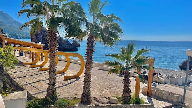 Une zone située au bord de la plage, agrémentée de palmiers, d’une promenade en bois et offrant une vue sur la mer.