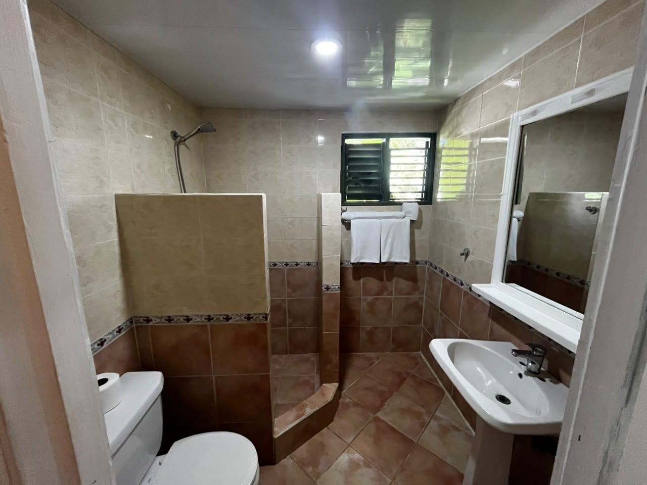 A compact bathroom with a toilet, shower, and sink.