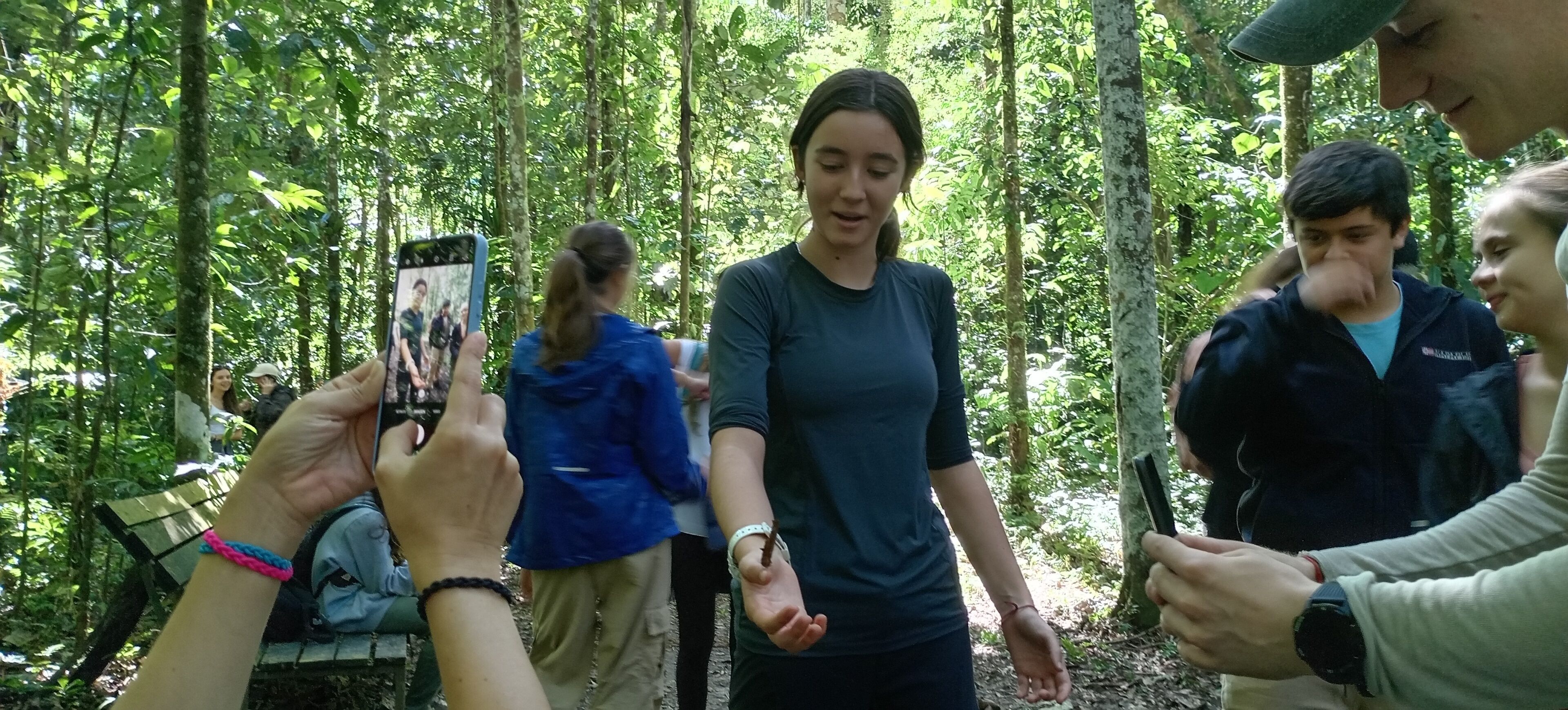 A group of people in a forested area with a wooden bench and a person holding a smartphone.