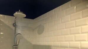 Une douche équipée d’un pommeau de douche à main et d’un panneau de commande fixé au mur.