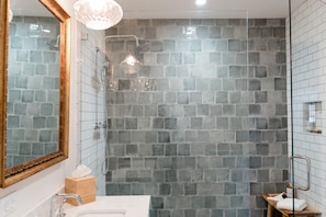 Shower, hair dryer, bathrobes, towels