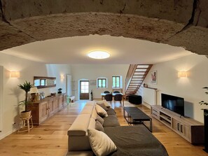 Smart TV, fireplace, DVD player, stereo