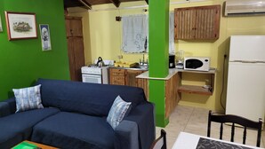 Un espace de vie compact comprenant un canapé, une petite table à manger, un coin cuisine équipé d’appareils de base et un mur d’accent de couleur verte.