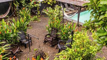 A poolside area with lounge chairs, a hammock, and lush greenery.