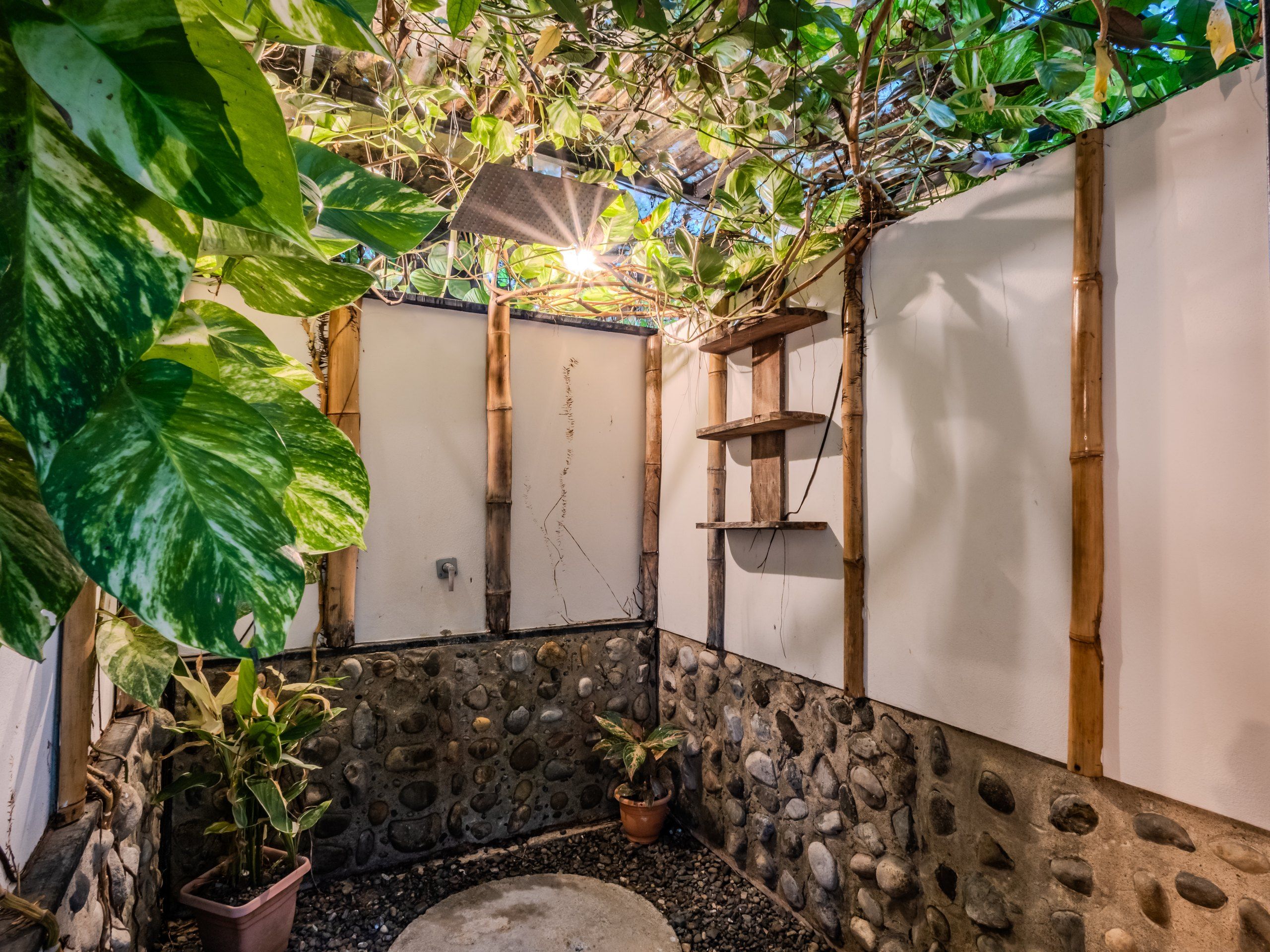 Un piccolo giardino recintato con un muro in pietra, uno scaffale in legno e piante in vaso.