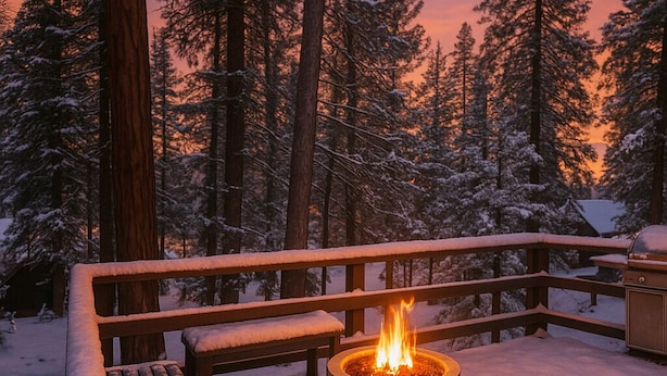 A wooden deck with a fire pit and benches, surrounded by snow-covered trees.