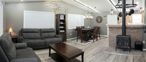 Smart TV, fireplace, stereo, printers