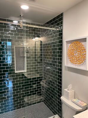 Douche, sèche-cheveux, serviettes fournies, savon