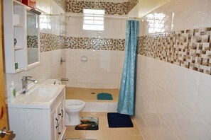 Shower, hair dryer, towels, soap
