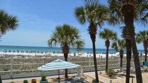 A beach view with palm trees, beach umbrellas, and lounge chairs.