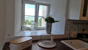 A kitchen with a window, a sink, and a dish rack. - Allegra Appenzell (Trogen)
