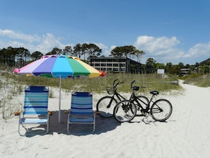 On the beach, sun loungers