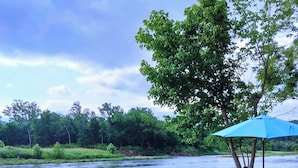 Une rangée de chaises longues blanches agrémentées de touches de bleu, disposées sur une pelouse verte au bord d’une étendue d’eau, avec un parasol bleu et un arbre en arrière-plan.