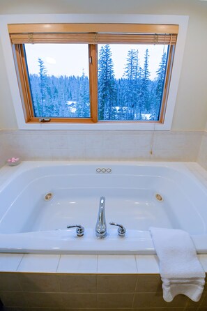 Shower, jetted tub, hair dryer, towels