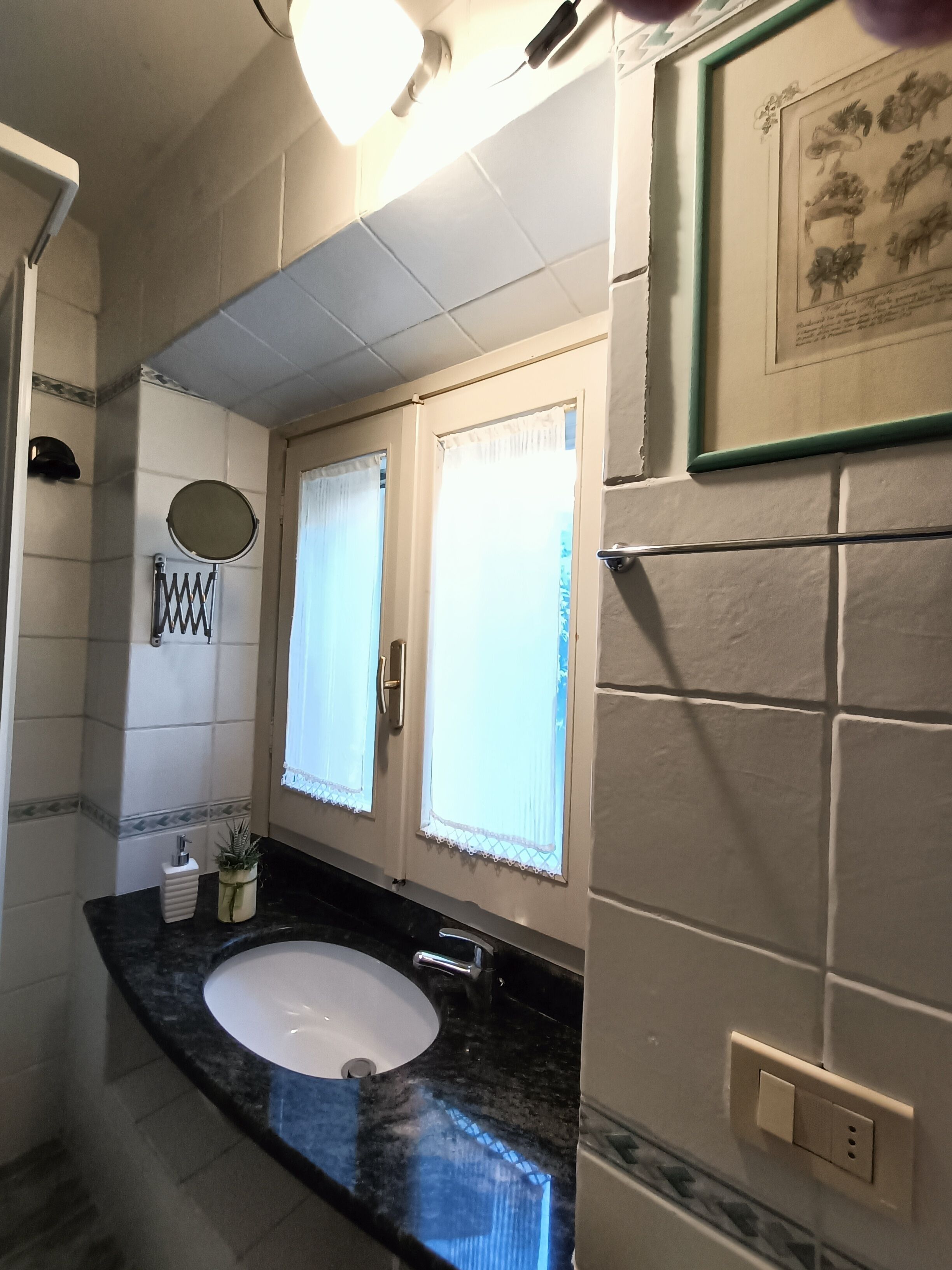 Un bagno con un lavandino bianco, un piano di lavoro nero e uno specchio. Sono presenti due finestre con tende bianche e una stampa botanica incorniciata sulla parete.