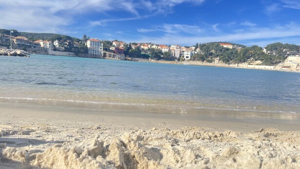 A beach with clear water, sandy shore, and buildings in the background.