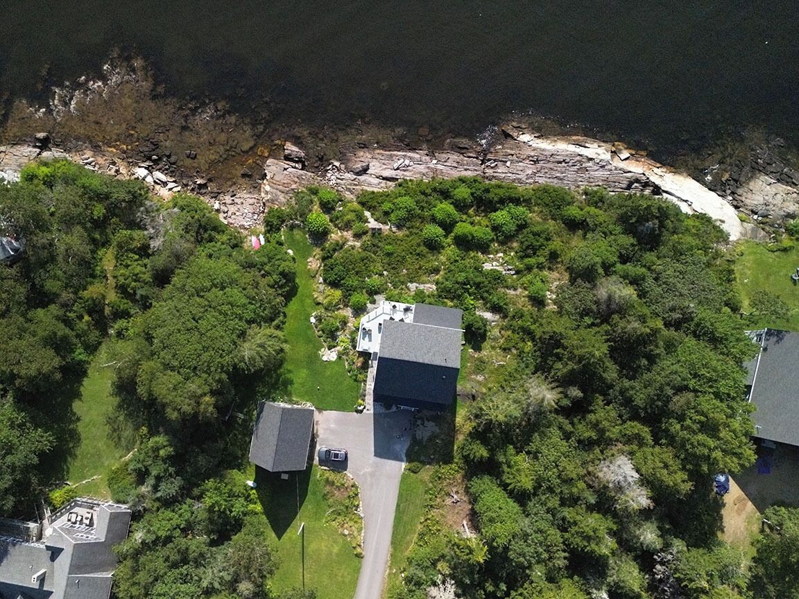 An aerial view of a residential area with houses surrounded by dense greenery and a rocky shoreline.