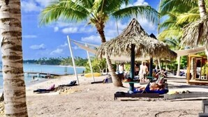 Escena de playa con una cabaña de techo de paja, palmeras y un cielo azul despejado.