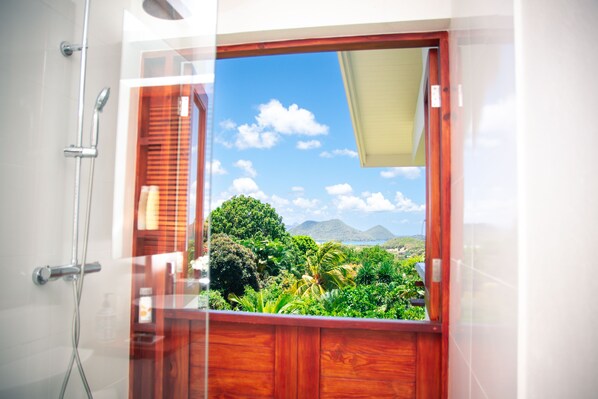 A bathroom with a shower, a wooden window frame, and a view of greenery and mountains.