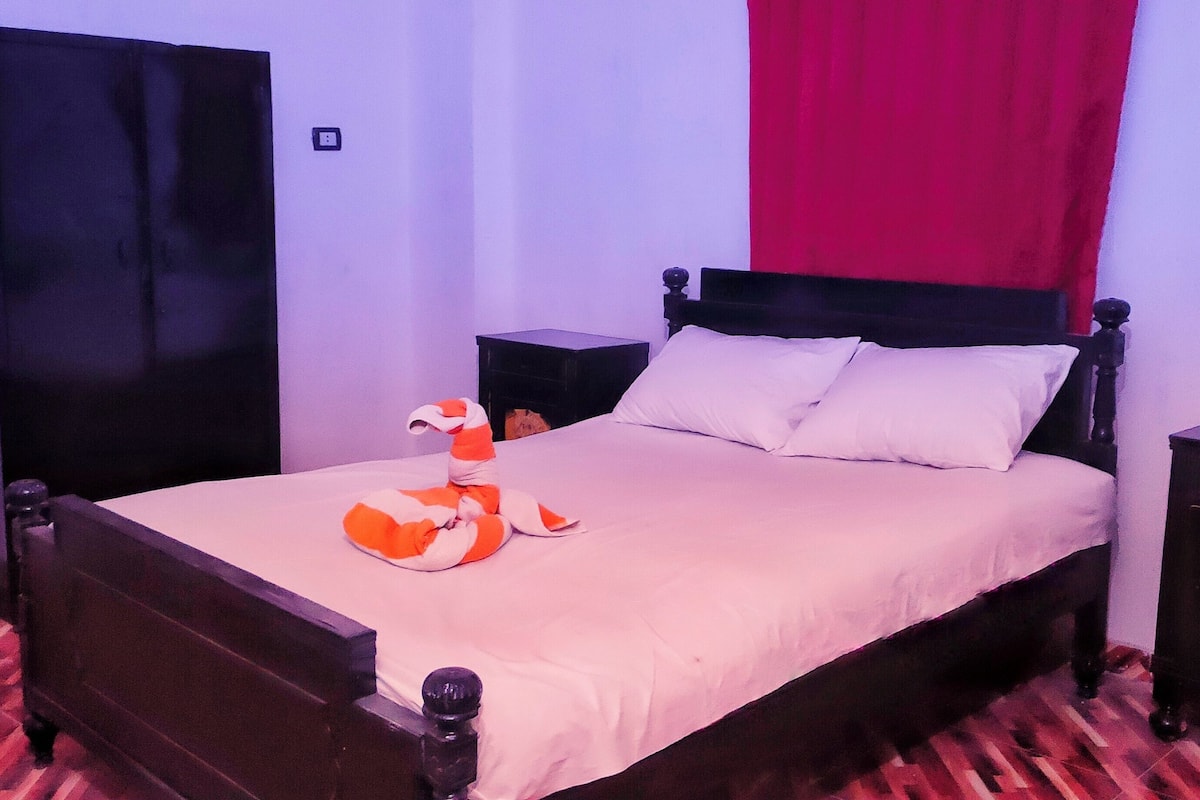 Ein Bett mit weißer Bettdecke, zwei Kissen und einem Stofftier. Zwei Nachttische, einer mit einer Lampe und der andere mit einem Dekorationsgegenstand. Der Raum hat einen roten Vorhang und einen gemusterten Boden.