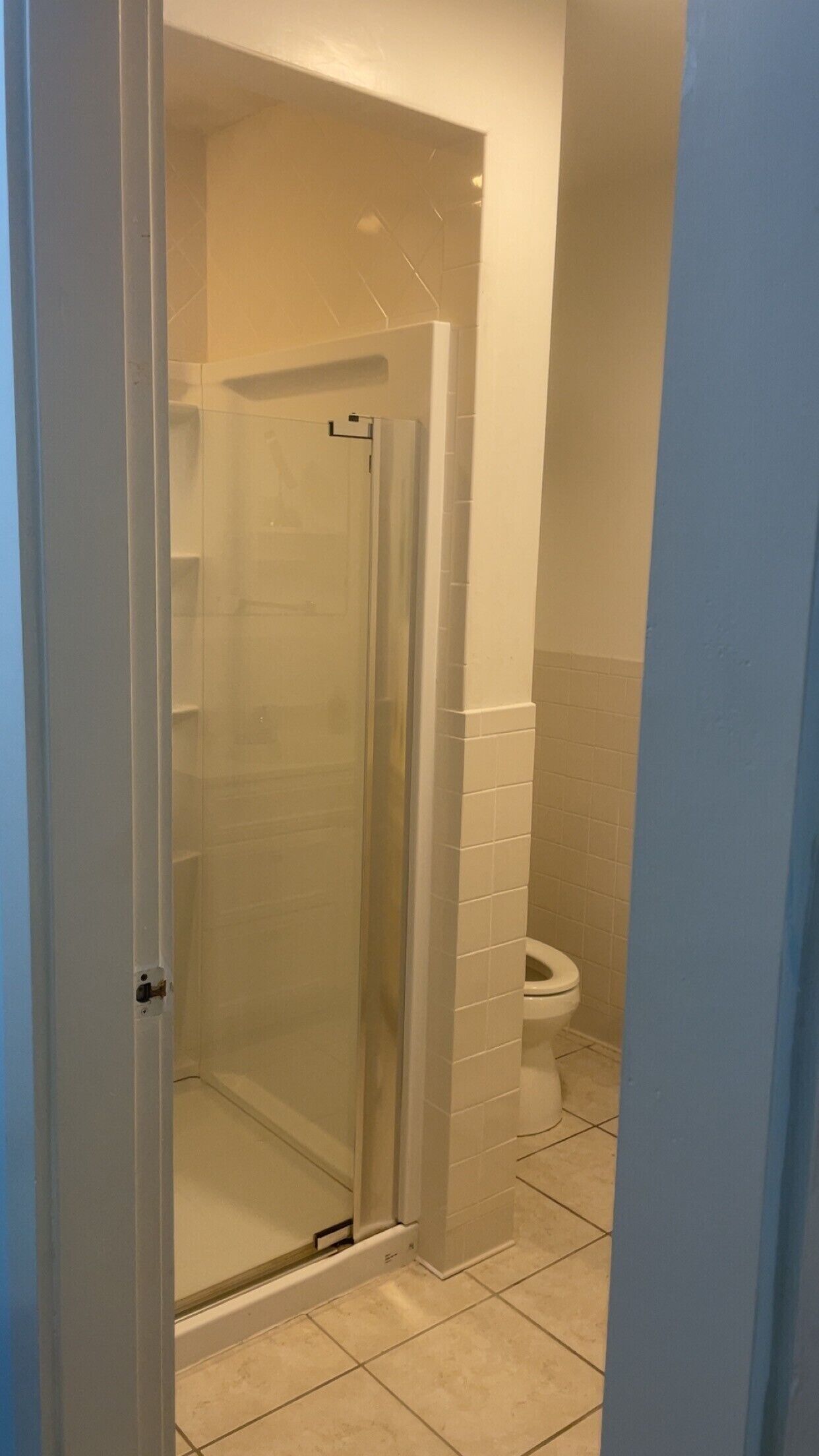 Une salle de bain avec une douche à parois de verre, des toilettes et un carrelage au sol.