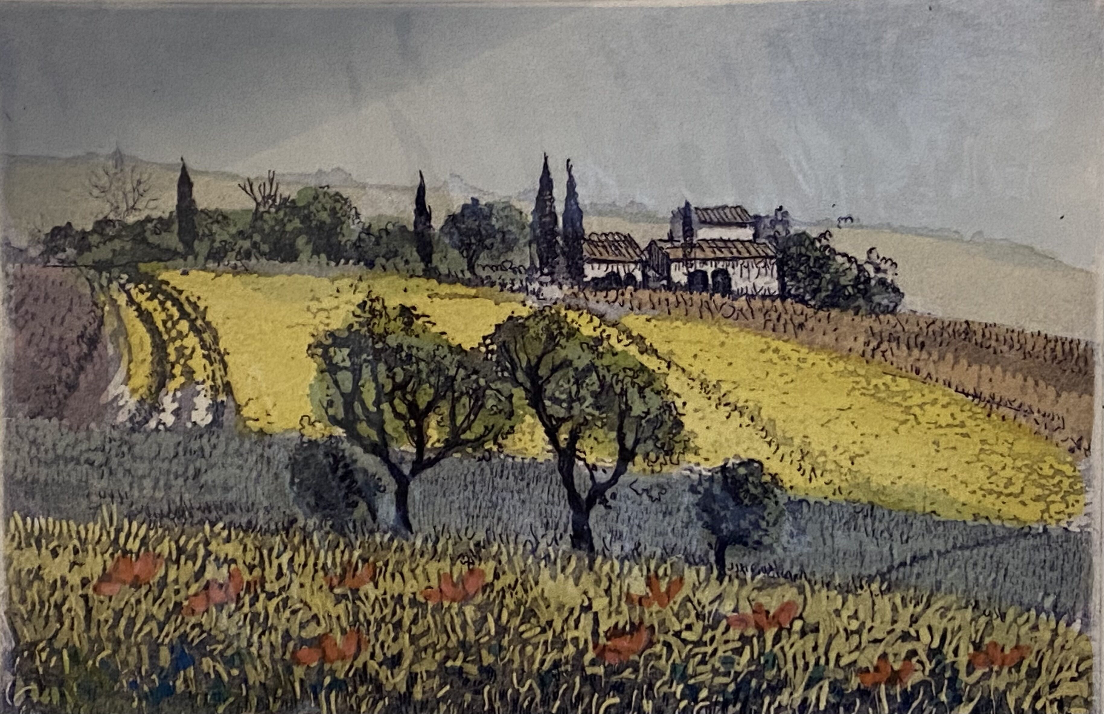 A rural landscape with fields, trees, and a traditional building.