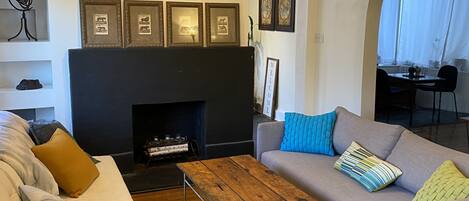 TV connectée, cheminée, lecteur de DVD, livres