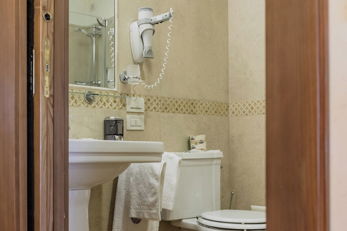 Une salle de bain avec un plancher en bois, un lavabo blanc, des toilettes et un sèche-cheveux fixé au mur.