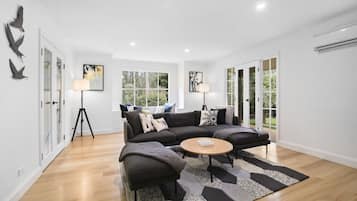 Smart TV, fireplace, books, stereo