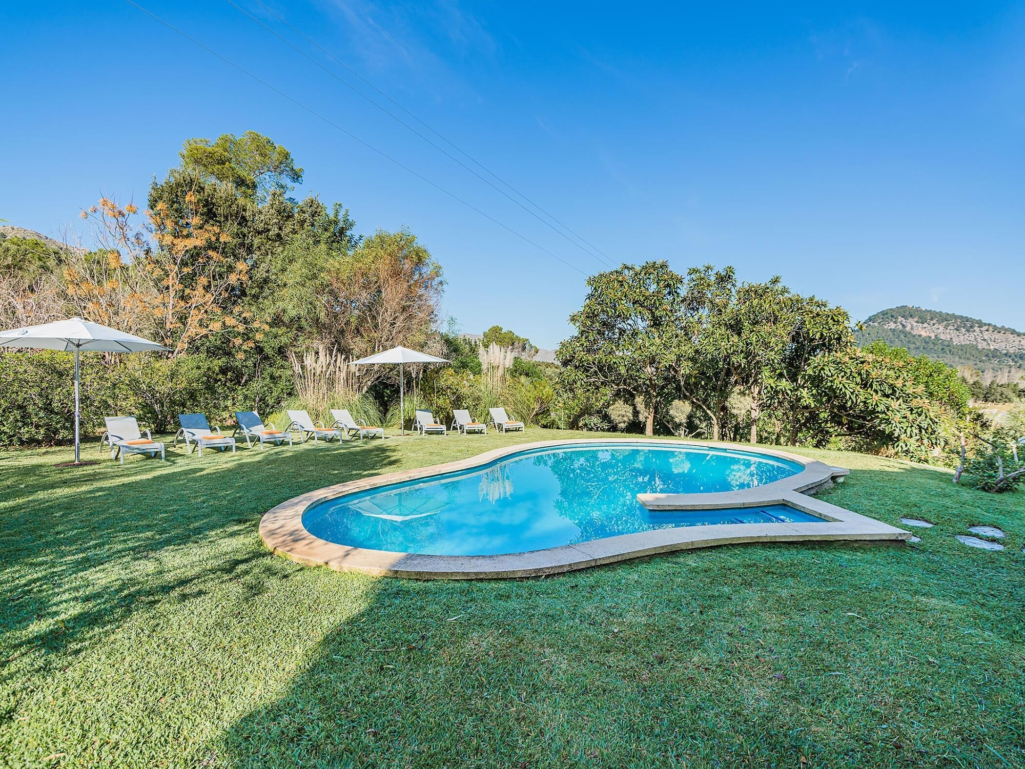 A swimming pool with lounge chairs and umbrellas, surrounded by trees and a hilly landscape.
