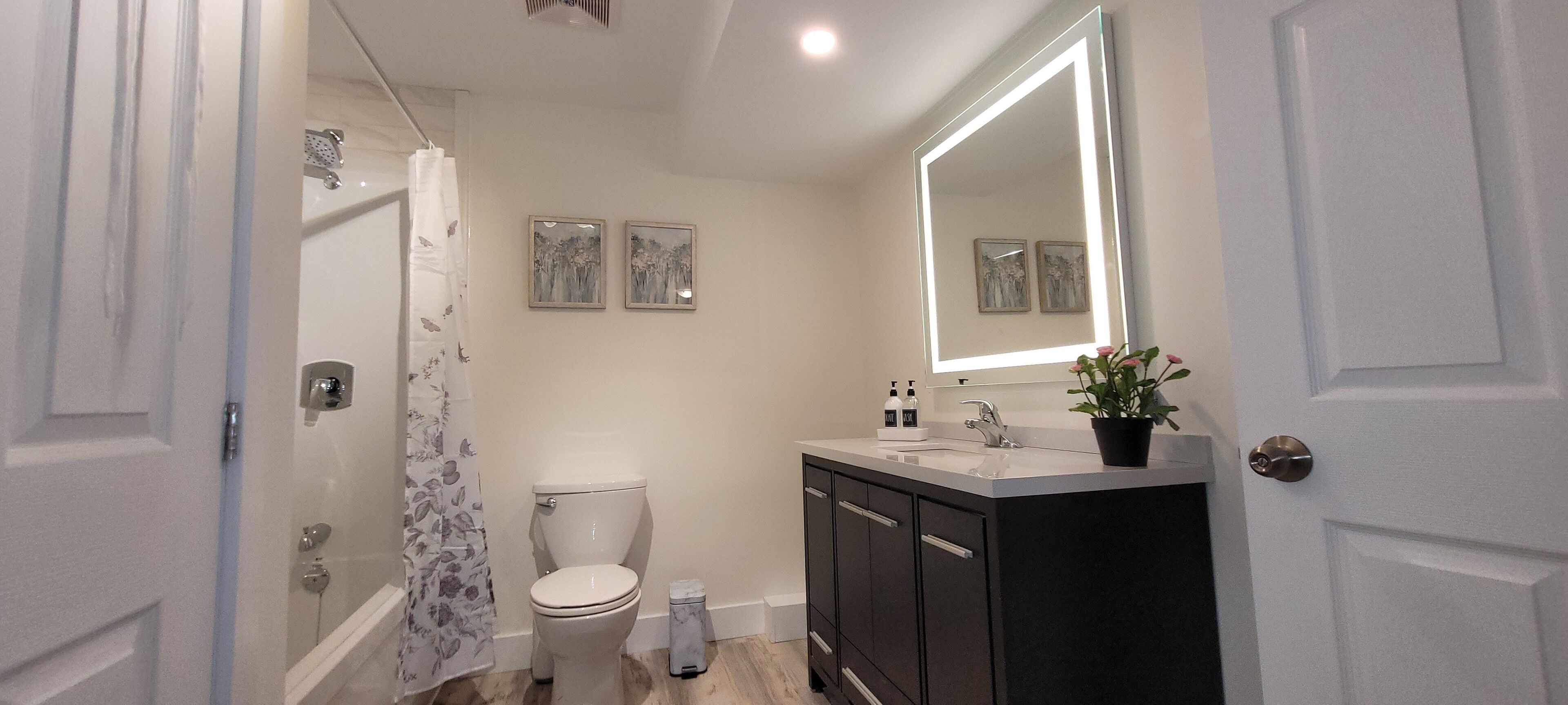 Combined shower/tub, hair dryer, towels, soap